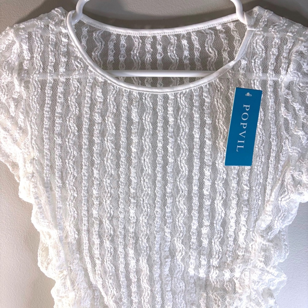 Popvil White Lace Ruched Swim Cover Up Top Short Sleeve Sheer Floral Small New - Picture 5 of 13